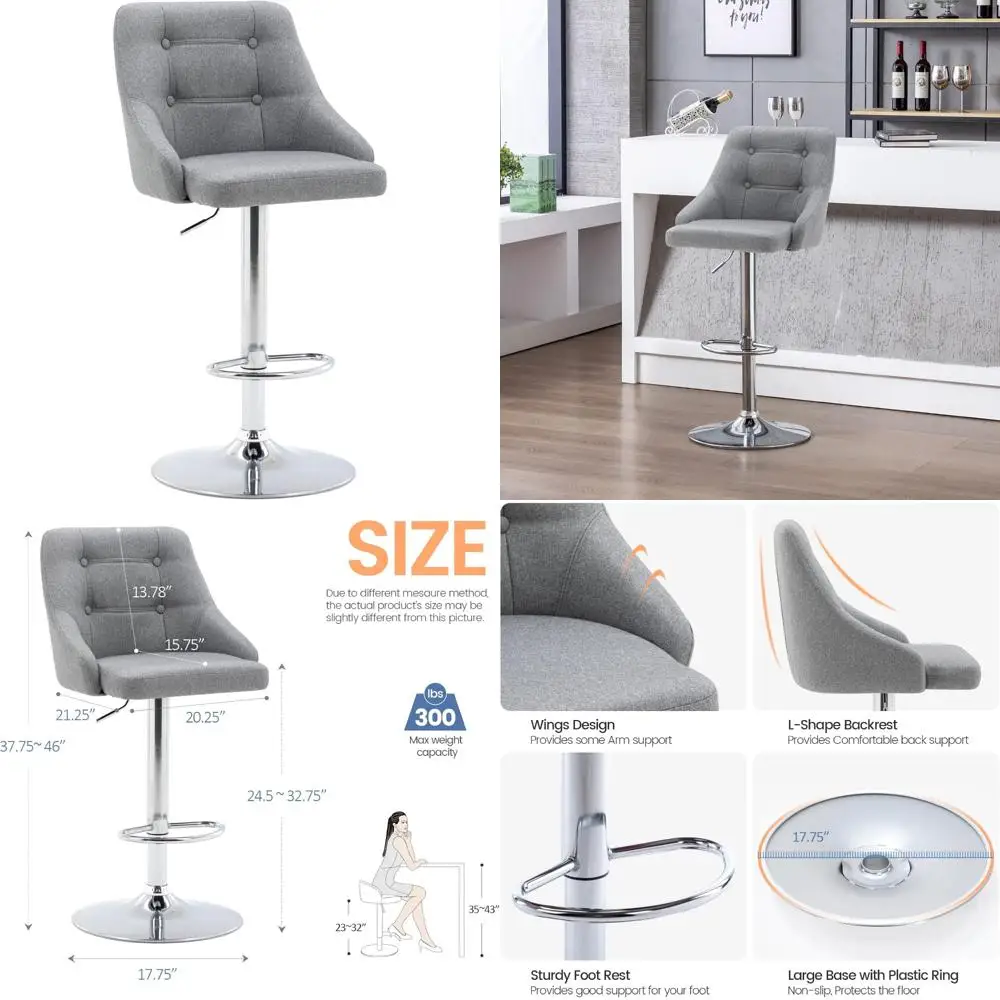 مقعد بار دوار مع مسند ظهر، مقعد معنقدة من القماش قابل للتعديل، كرسي منجد بارتفاع مضاد للمطبخ #1