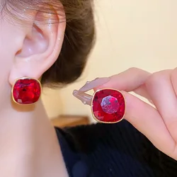 S925 Silver Needle Square Red Crystal Earrings with High Grade Fashion Geometry Earrings for Women's Jewelry