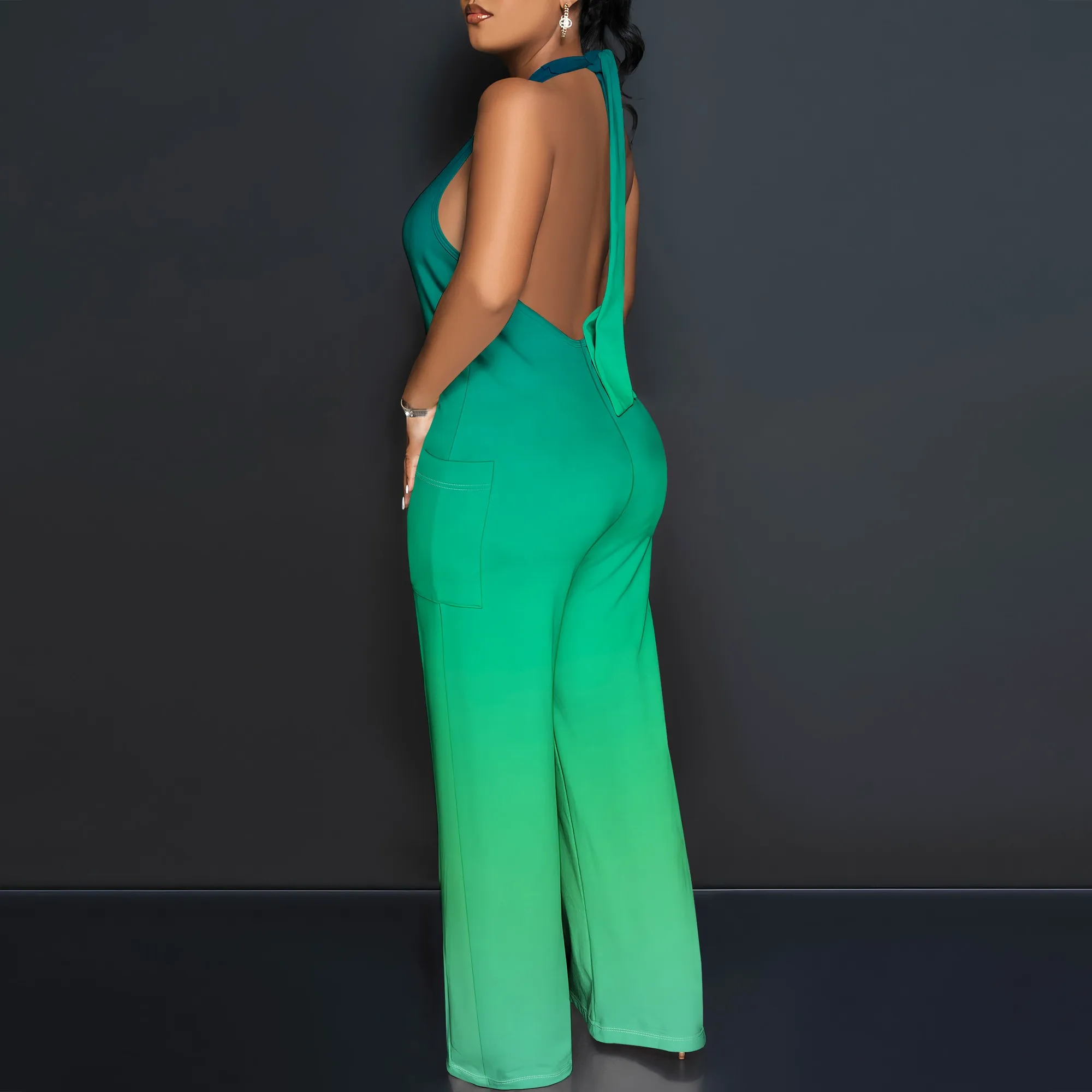 Mono bohemio informal sin mangas con cuello halter para mujer, monos de fiesta de viaje con estampado de pierna ancha y bolsillos
