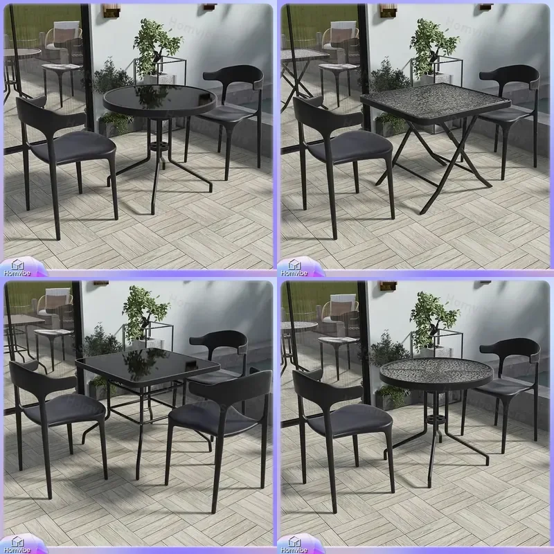 Outdoor Patio Furniture Set Balcony Table and Chairs Garden Dining Set Tempered Glass Top Rattan Horn Chair Weatherproof