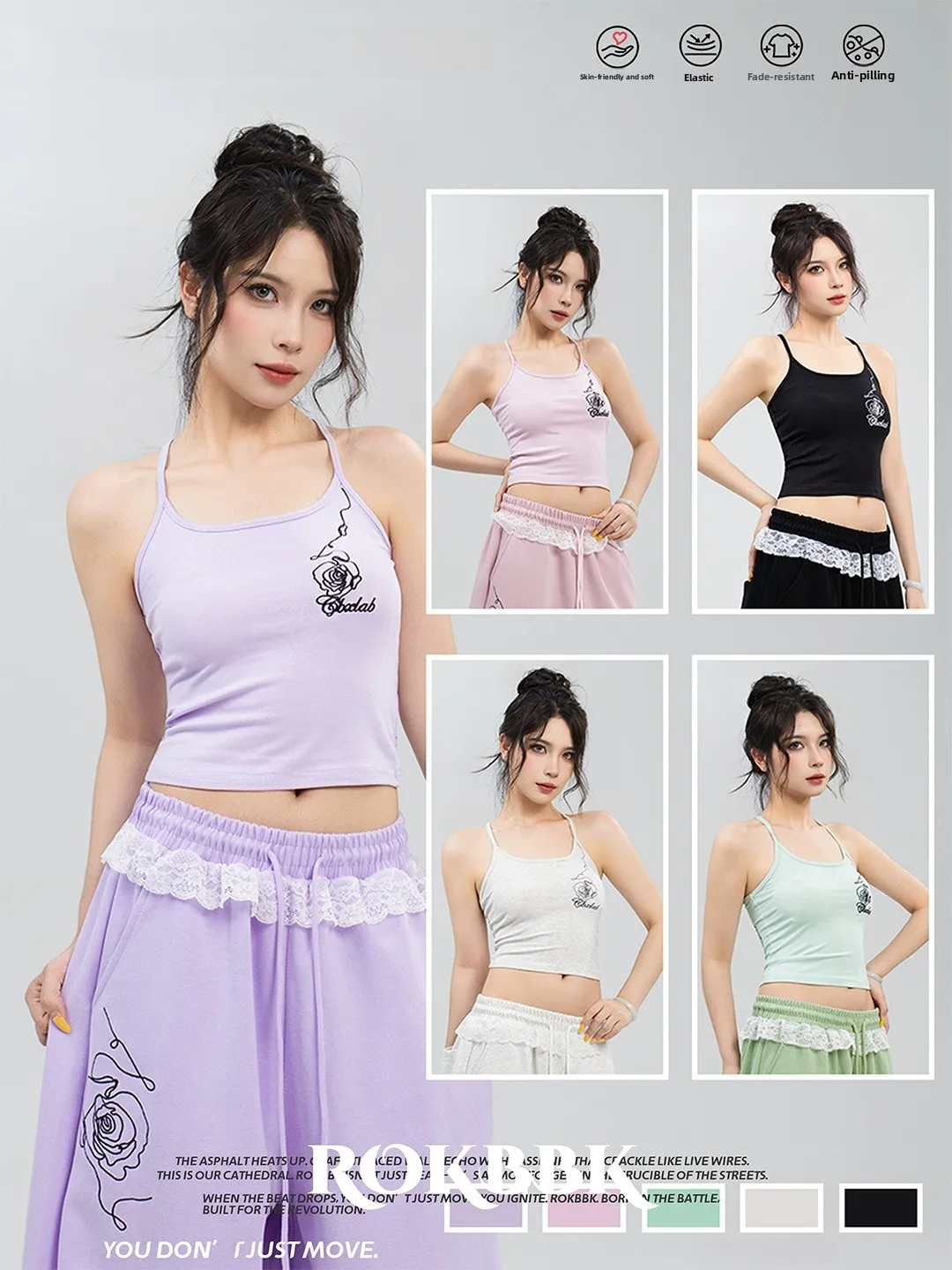ROKBBK-K Embroidered Street Dance Casual Women's Vest Camellia Flower Slimming Versatile Leisure Hot Girl Strapless Crop Top