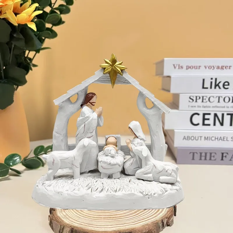 Nativity Scene Stable Manger Desktop Decor Set Unique Handcrafted Resin Crafts for Christmas Home Ornaments and Gift Ideas