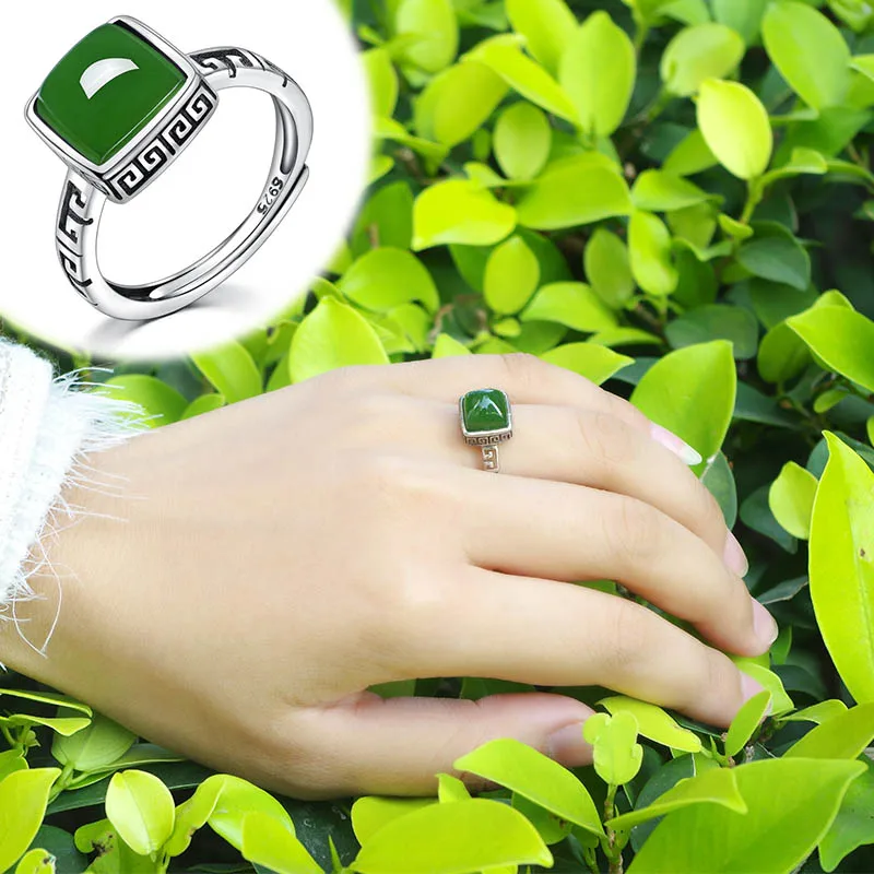 

Natural Hotan Jade Jasper Women's Emerald Ring S925 Sterling Silver with Retro Craft Inlaid Open Ring