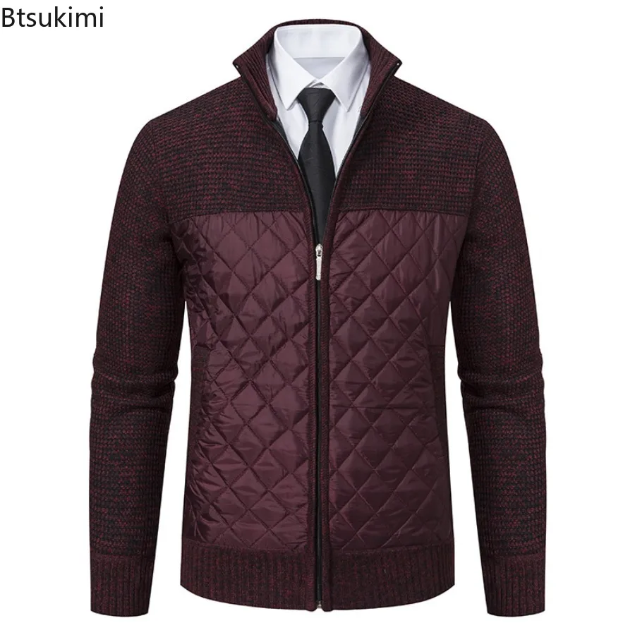 New Autumn Winter Men's Sweater Jacket Coat Knitting Outewear Patchwork Stand Collar Long Sleeves Warm Zipper Casual Jackets
