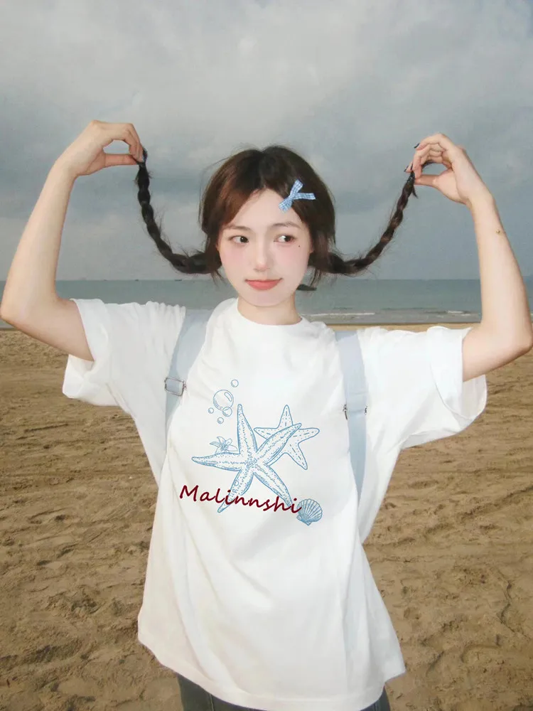 

Белая женская футболка из чистого хлопка с коротким рукавом, свободного кроя, универсальная, для повседневной носки, летняя, с креативным принтом