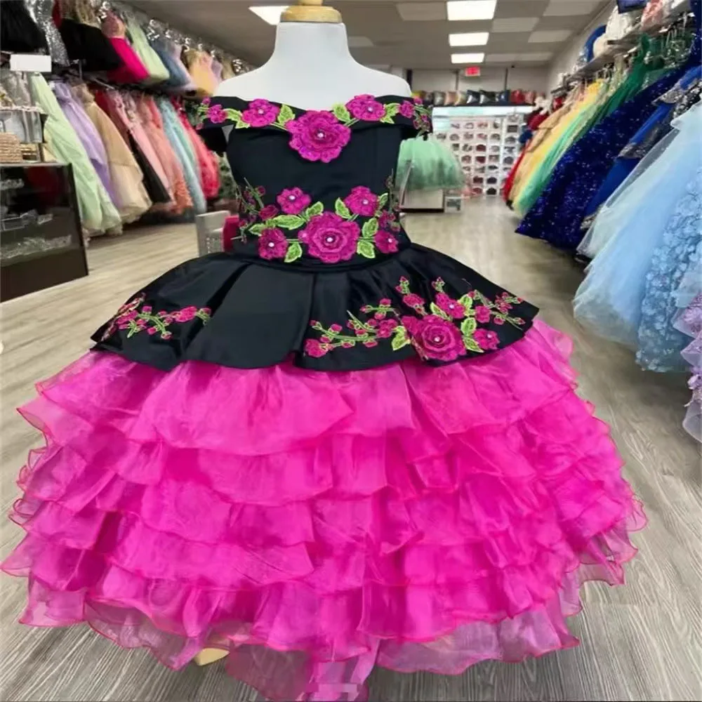 ที่กําหนดเอง Fuchsia Mini Quinceanera ชุดเดรสสําหรับ Gir เย็บปักถักร้อยลูกไม้เด็กประกวดพรหมชุดวันเกิด Party Gowns