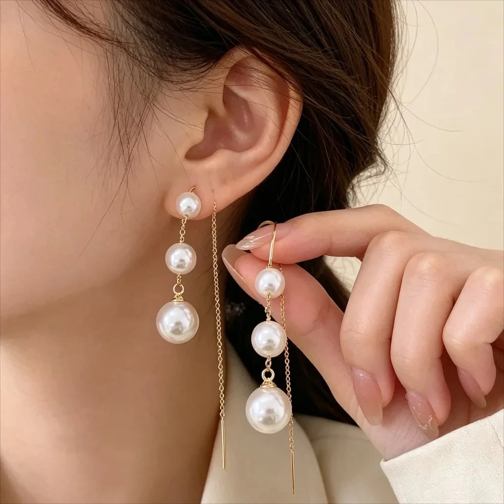 Elegant Linear Faux Pearl Threader Dangle Earrings Gold Alloy Women Daily Party Jewelry