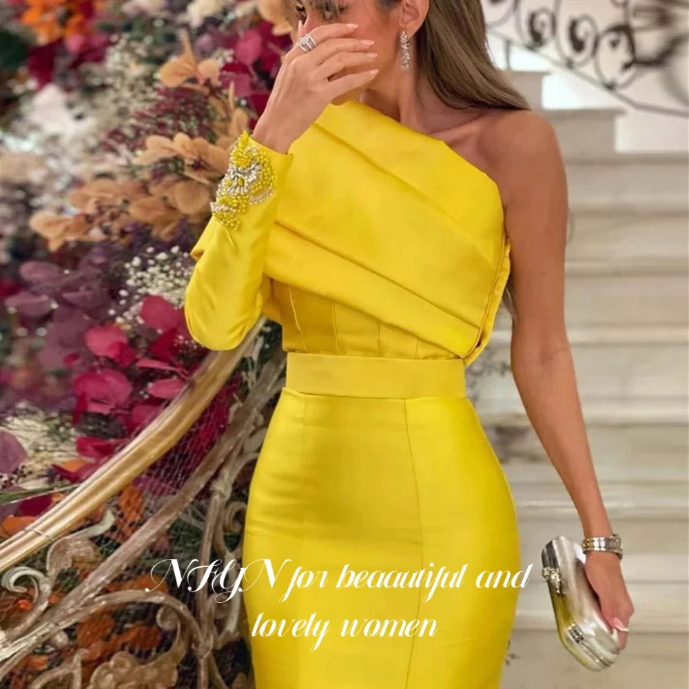 

NFYN Blue Elegant Prom Gown Strapless One Shoulder Sleeve Prom Dress Satin Beads Mermaid Evening Dresses for Woman Customized