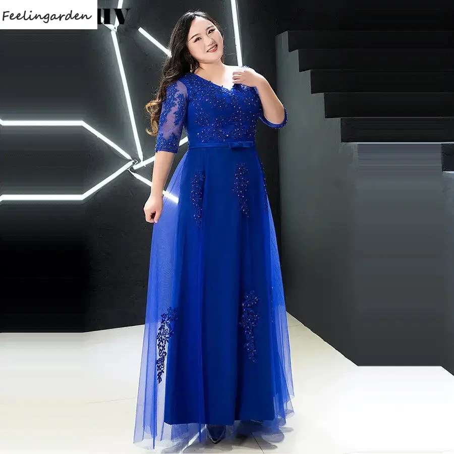 Vestido De noche azul real con cuentas para mujer, cuello en V De noche con túnica, Media manga, línea A, longitud hasta el suelo, talla grande, vestido Formal De fiesta, T357