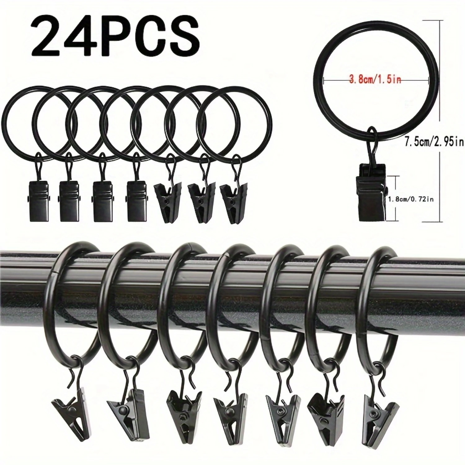 

24pcs Metal Curtain Holder Clip Pins, Curtain Drapery Rings & Set, Metal Drape Hanger For Bedroom, Porch, Office, Dormitory, Li