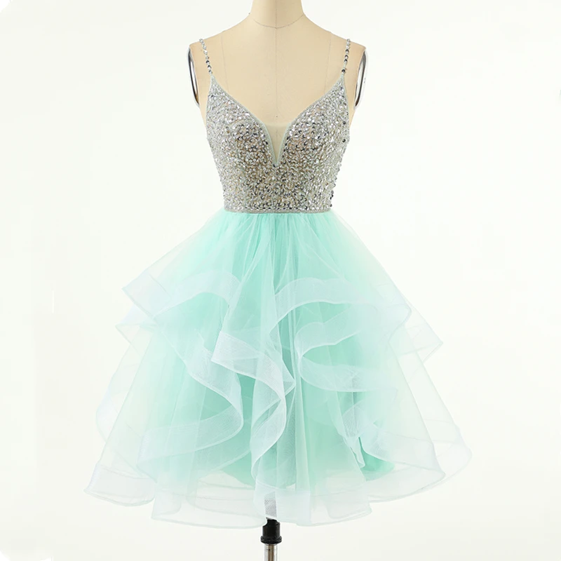 

Mint Green Short Homecoming Dresses Spaghetti Straps Sequins Beaded Vestidos De Graduación Layers Ruffles Cocktail Party Gowns