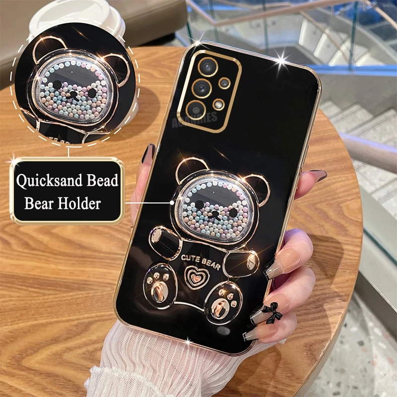 A 52 32 13 23 33 53 Quicksand Bear Holder Plating Case For Samsung Galaxy A52 A32 A13 A23 A33 A53 A73 4g 5g Silicone Stand Cover