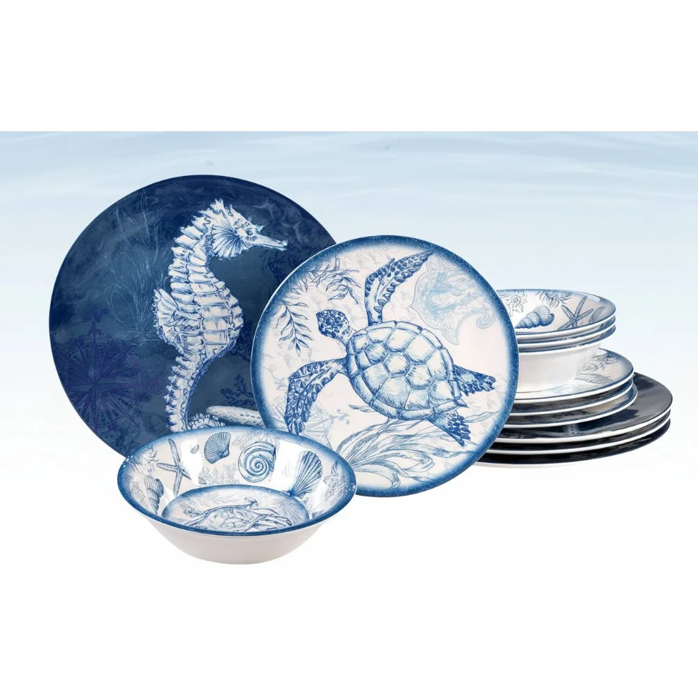 

12-Piece Ocean Theme Melamine Dinnerware Set, Service for 4, Shatterproof & Dishwasher Safe