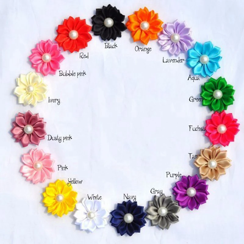 120pcs/lot 4cm 17colors Artificial Satin Ribbon Flower+Pearl Center For Kids Girls Hair Accessories Fabric Flowers For Headbands