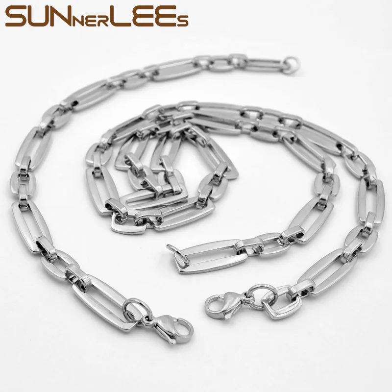 

SUNNERLEES Stainless Steel Necklace Bracelet Set 8mm Geometric Link Chain Smooth Silver Color Gold Plated Men Women Gift SC200 S