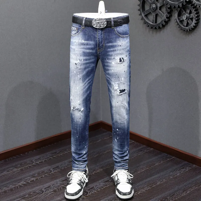 

Street fashion men's jeans retro blue elastic slim fit corrugated jeans men's patchwork painted designer hip-hop brand pants Hom