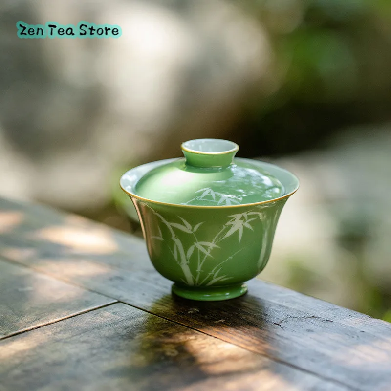 Stone Blue White Bamboo Shadow Cover Bowl Kung Fu Tea Set Tea Bowl Ceramic Grasping Bowl Tea Bowl Individual Literati Tea Set