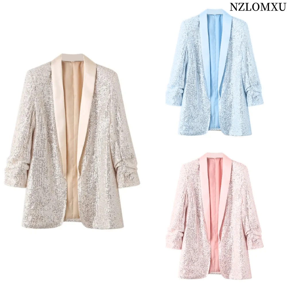 2024 cappotto da donna Cardigan a maniche lunghe con paillettes lucide giacca Blazer a maniche lunghe con punto aperto Club primavera autunno