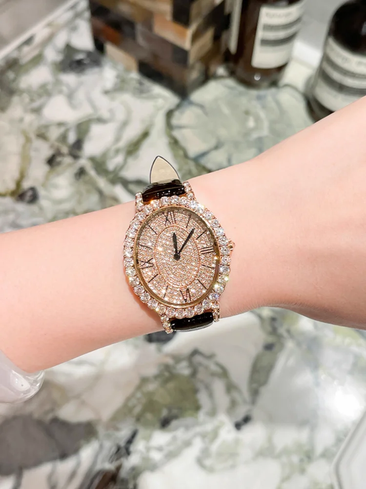 Fashion Women Shiny Diamonds Studded Quartz Watch Genuine Leather Strap Pin Buckle Office Ladies Work Watches Luxury Wristwatch
