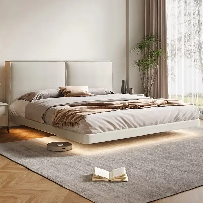 Fabric Floating Bed Frame Modern Suspension Platform Bed with LED Lighting King Queen Size for Bedroom Decor