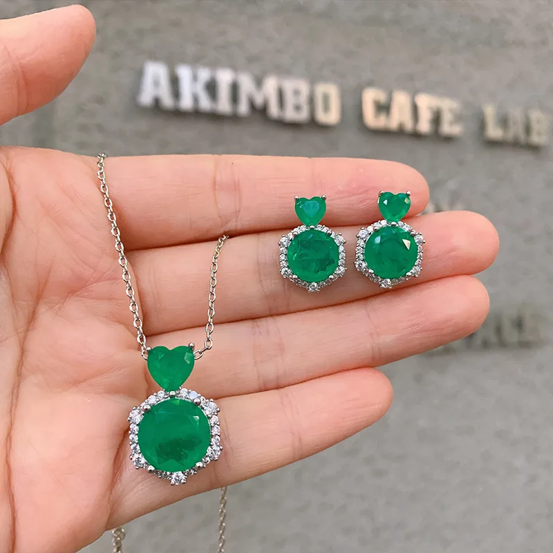 Simple 925 Silver Heart Shaped Emeralds Necklace Earrings 2024 Trend For Women High Quality Luxury Jewelry Set