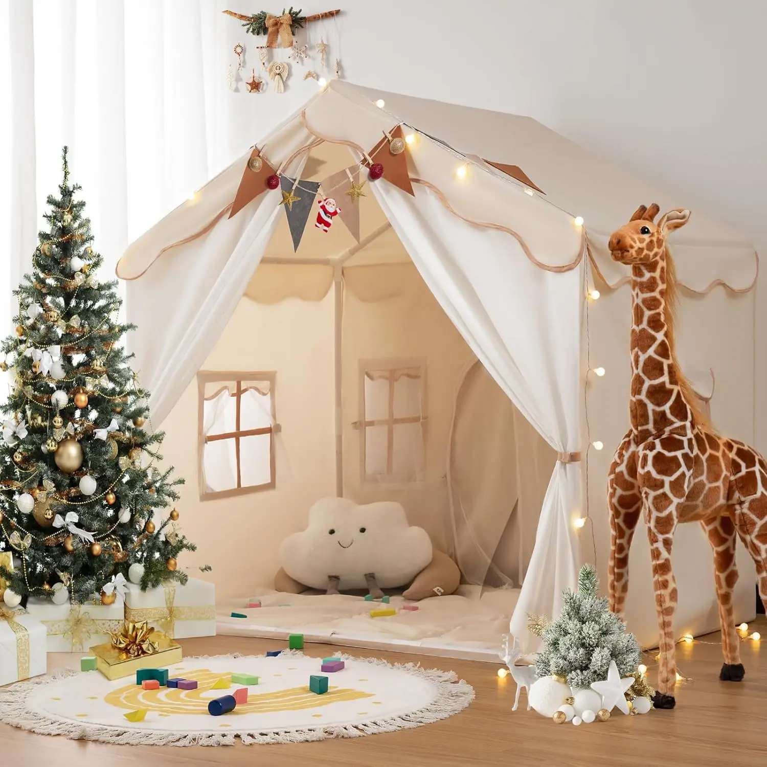 

Kids Play Tent 2-in-1 with Padded Mat and Lights, Large Playhouse with Doors & Windows for Indoor Outdoor Fun