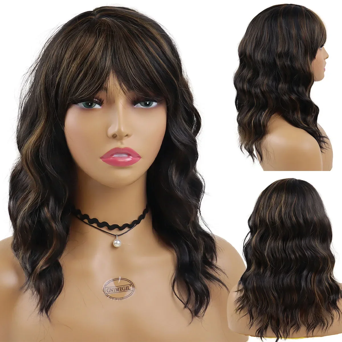 GNIMEGIL Synthetic Long Curly Wig with Bangs Body Wave Wigs for Women Natural Mix Brown Wigs for African American Old Lady Wig