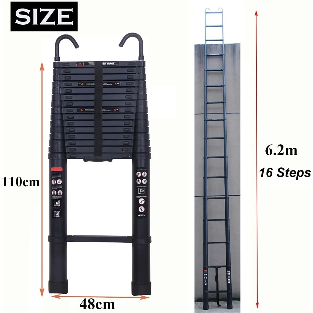 Telescopic Ladder Foldable Aluminum Telescoping Extension Ladder with Detachable Hook, Safe & Compact 330lb Load Capacity