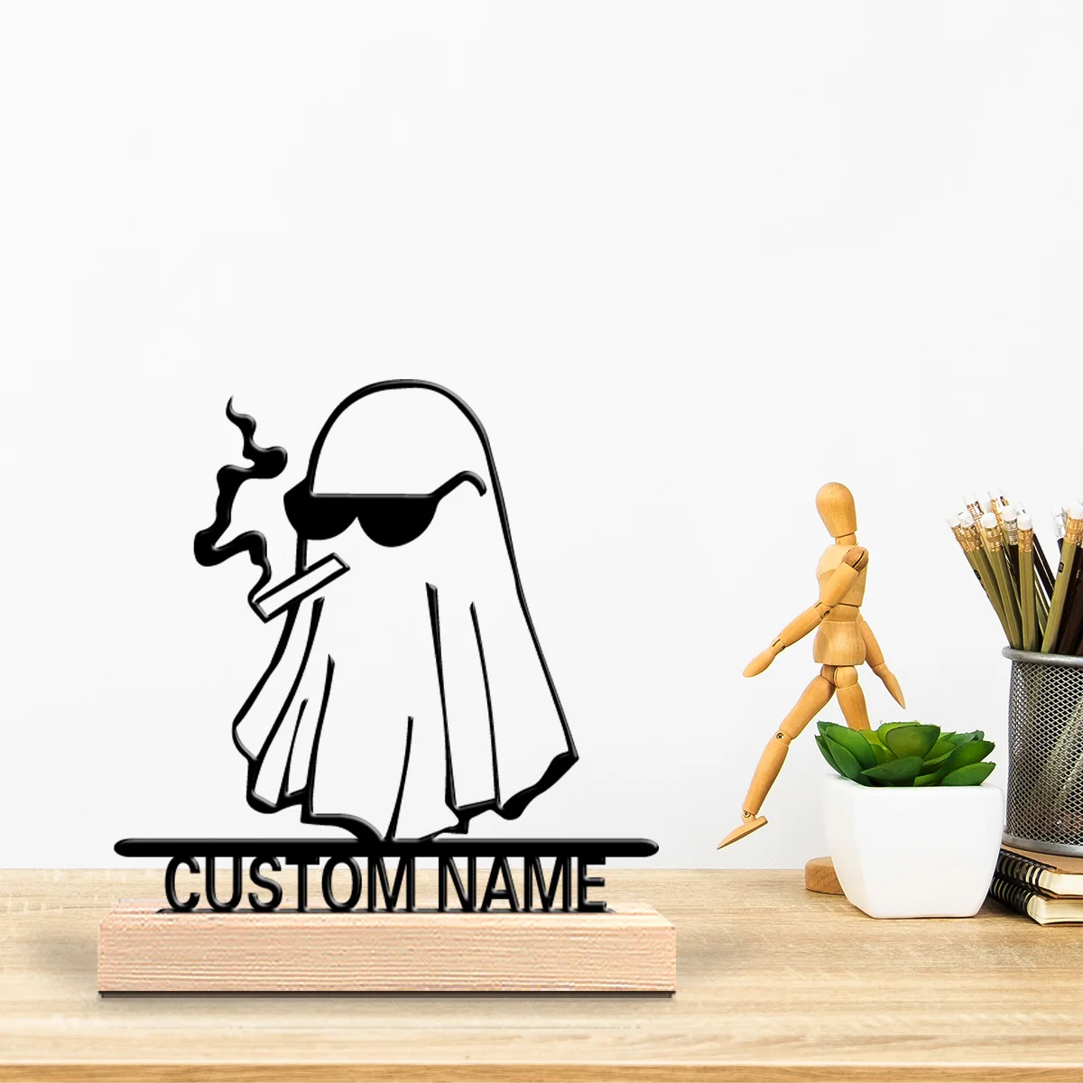 1pc Fashion Ghost Customized Text Tin Statue Metal Ornament Handicraft With Wood Base Iron Statue With Wood BaseFor Home Decor