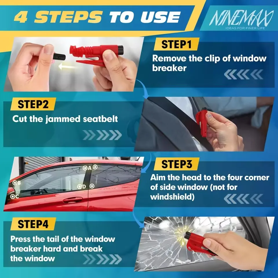 Safety Hammer Car Escape Tool 3-in-1 Window Breaker Seat belt Cutter Compact Emergency Hammer Escape Tool for Car Accessories view 4