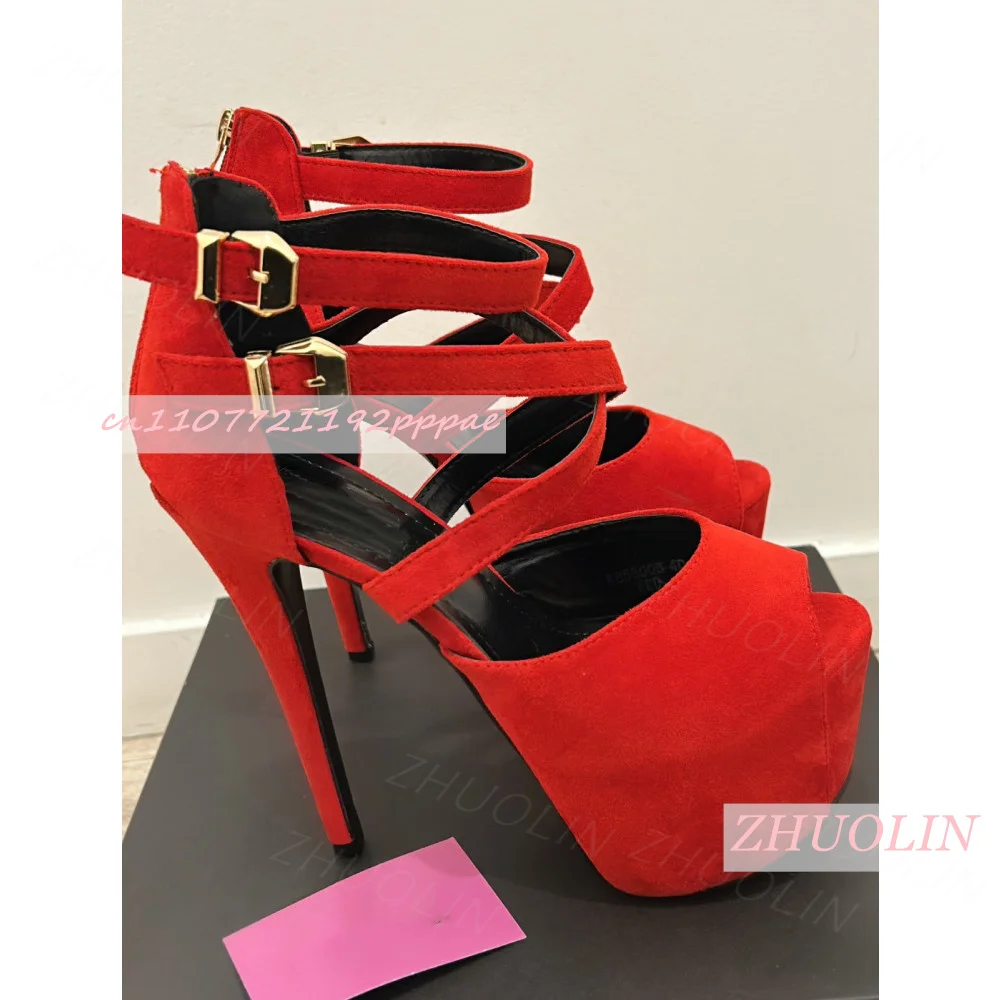 Women Red Platform Sandals Peep Toe Caged High Heels Multi Buckle Ankle Strap Sandals Extreme Stiletto Party Club Dance Shoes