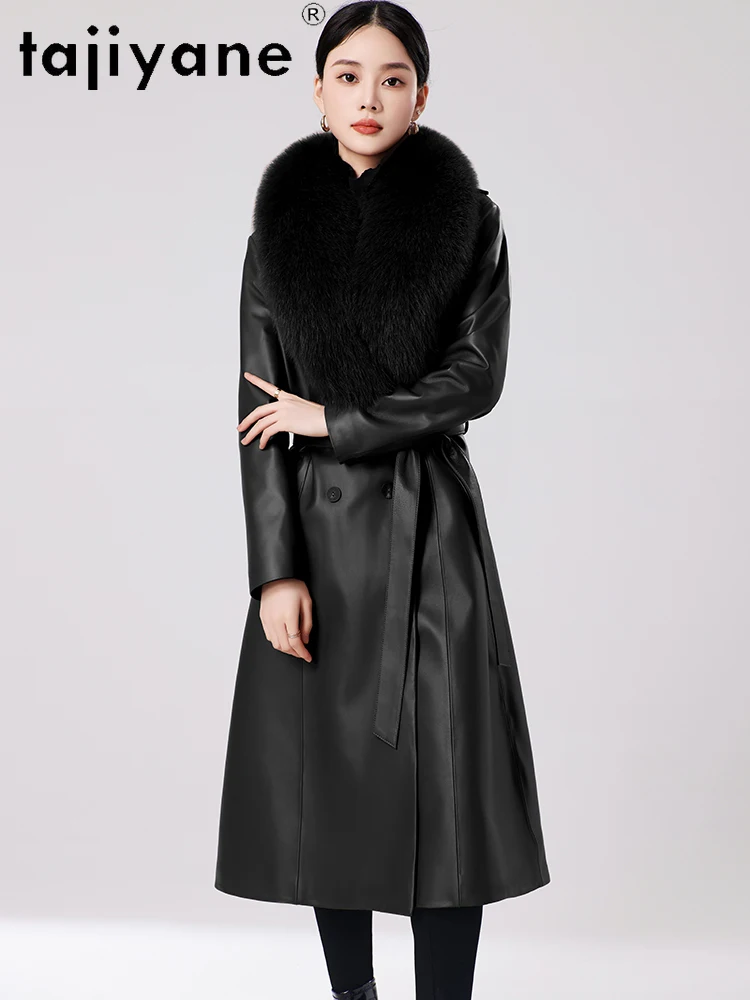 TAJIYANE جلد الغنم الحقيقي أوزة أسفل معطف المرأة طويلة ضئيلة سترات من الجلد الطبيعي مع الثعلب الفراء طوق 2025 ملابس امرأة douбlenка