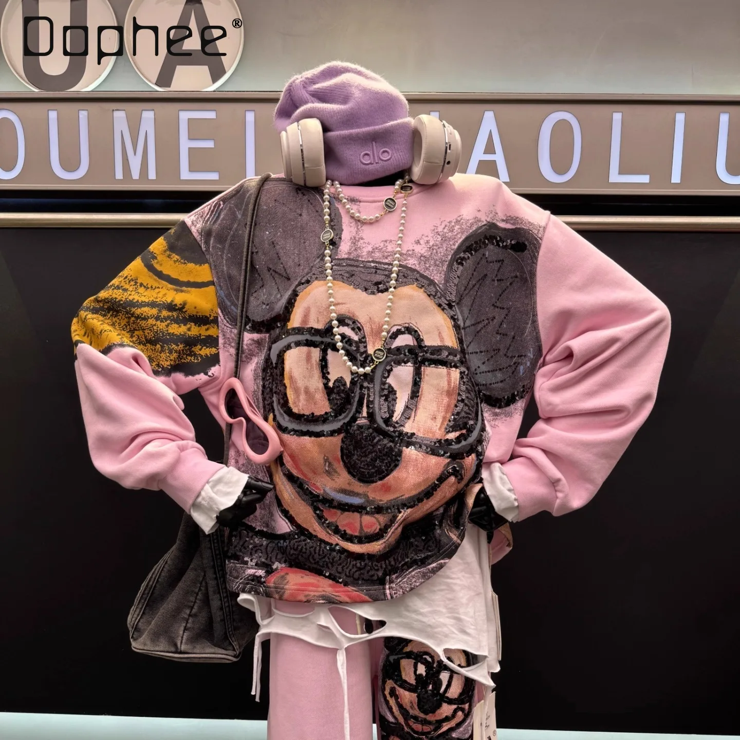 Fleece-Sweatshirt mit Cartoon-Druck für Damen, 2022, Winter, neue schwere Pailletten, lockeres Design, Rundhals-Langarm-Pullover-Oberteil