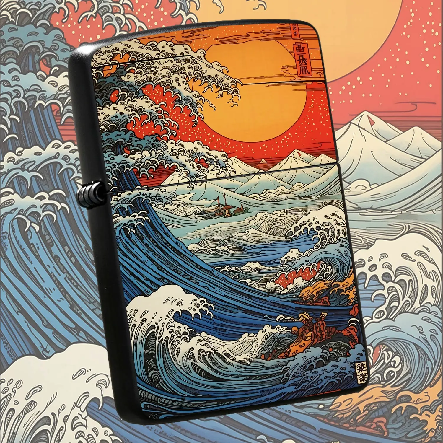 Ukiyo-E Style The Great Wave Sunset Lighter, Artistic Vintage Portable Lighter, Creative Aesthetic Accessory For Daily Use, Outdoor Camping Travel, Home Decor, Gifting For Art Lovers, Multi-Scene Practical Exquisite Car A Humorous And Inter