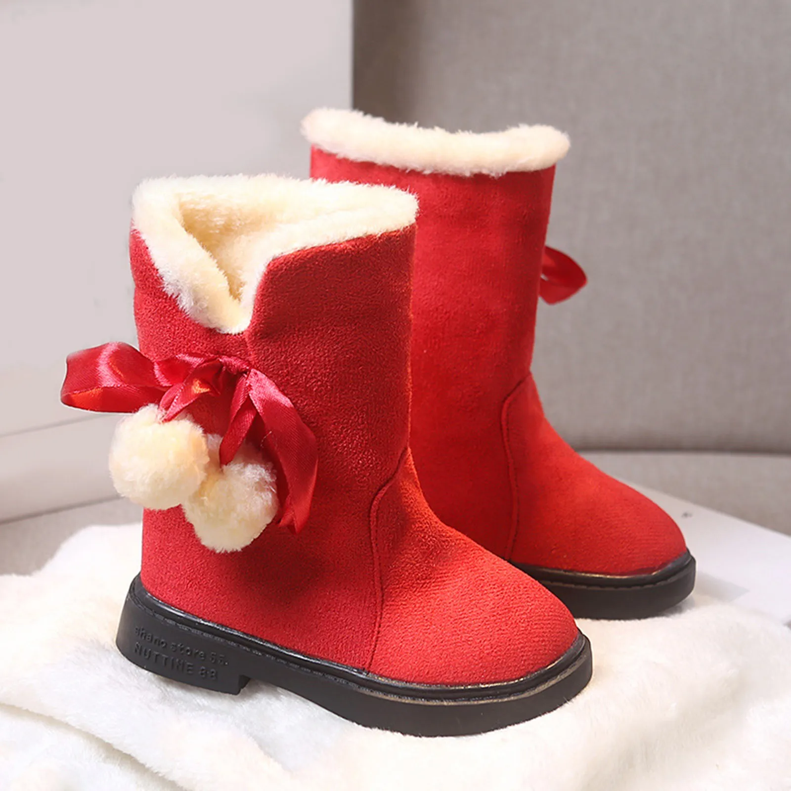 Children's Winter Boots for Girls Princess Medium Big Kids Snow Boots Warm Fur Bowtie with Hairball Cute Sweet Plush Suede Boots