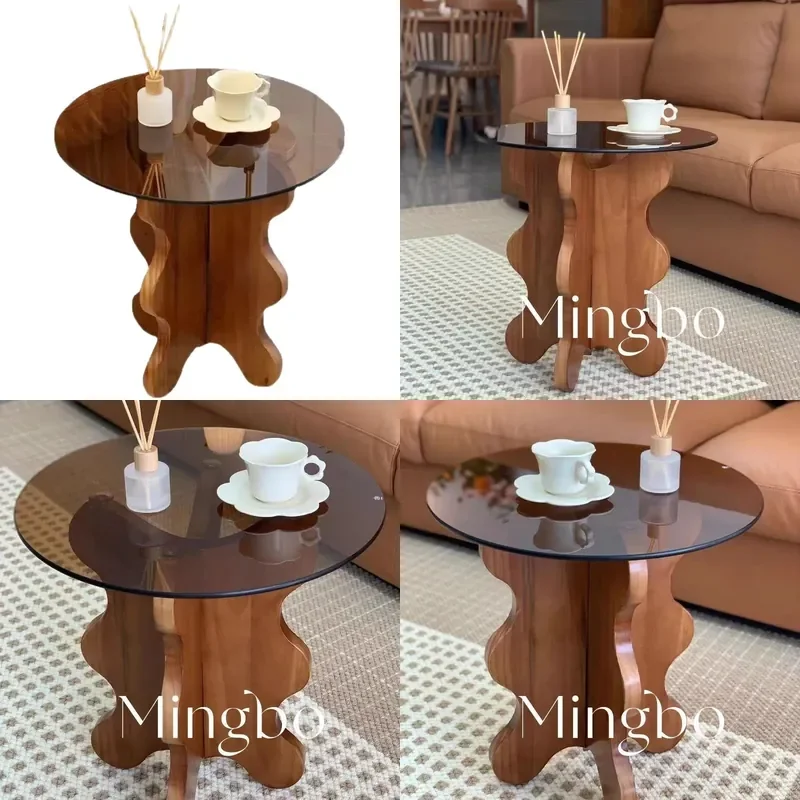 French Retro Solid Wood Coffee Table with Tempered Glass Top Petal Edge Small Round Side Table for Living Room