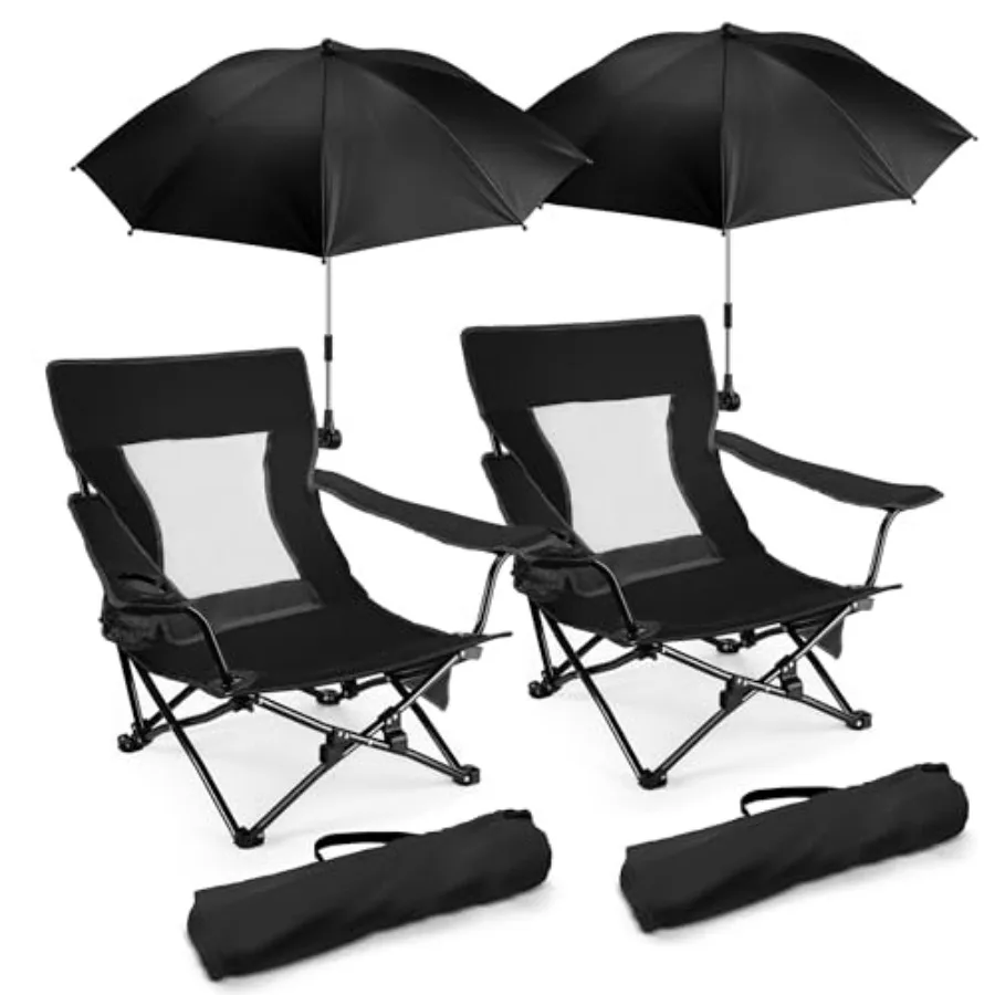 

Beach camping chair with umbrella, black heavy-duty folding low camp chair for adults, portable outdoor chair for fishing, lawn