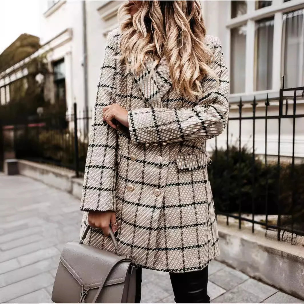 Autumn and Winter Long Sleeved Woolen Jacket Elegant Women\'s Plaid Patchwork Retro Blazers Long Windbreaker Coat