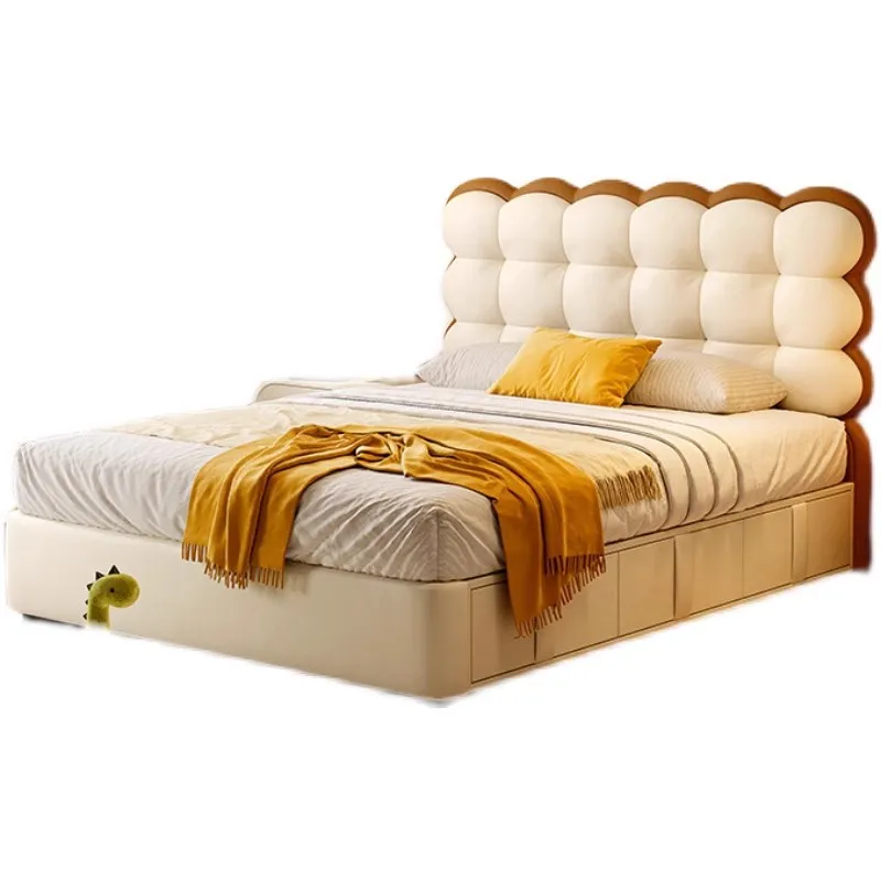 

Cream wind girl bubble bed Internet celebrity princess minimalist modern cookie boy bed genuine leather children