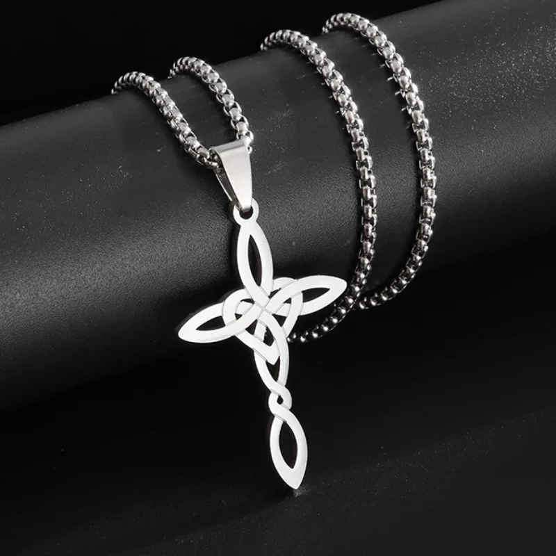 Classic Stainless Steel Celtic Knot Cross Necklace Retro Fashion Hollow Irish Knot Pendant Jewelry for Men Women