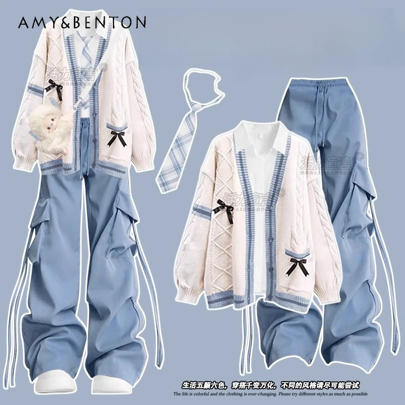 

2025 Spring and Autumn New Korean Style JK College Style Set V-Neck Knitted Cardigan White Shirt Multi-Pocket Thin Cargo Pants