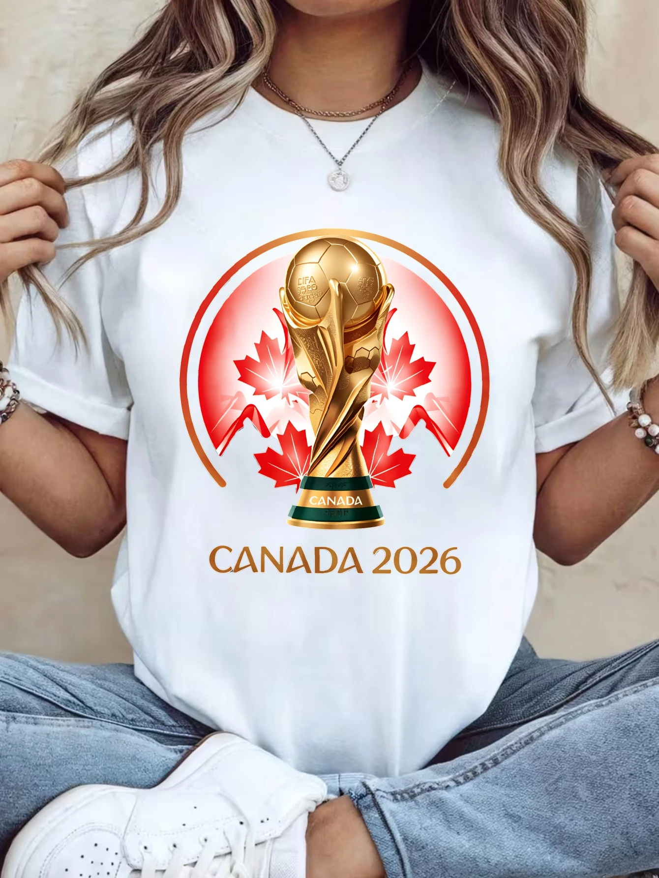 2026 Canada Gold Cup Women's Tee, Maple Leaf Football Print, Pure Cotton Breathable, Casual Sports Daily Wear