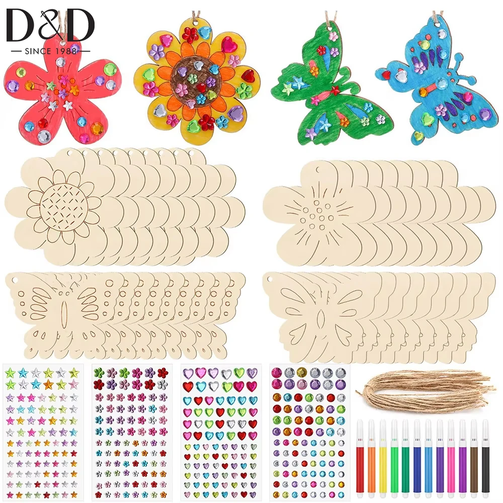 

1set Unfinished Butterfly Flowers Crafts Decoration Kits Wooden DIY Arts Gift Wooden Ornament for Christmas Spring Parties