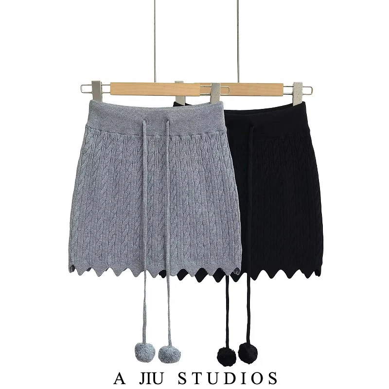 Pure Desire Spicy Girl Strickrock mit Schleife, Ballquaste, schlankmachend, sexy, figurbetonter Rock für Damen, hohe Taille, Welle