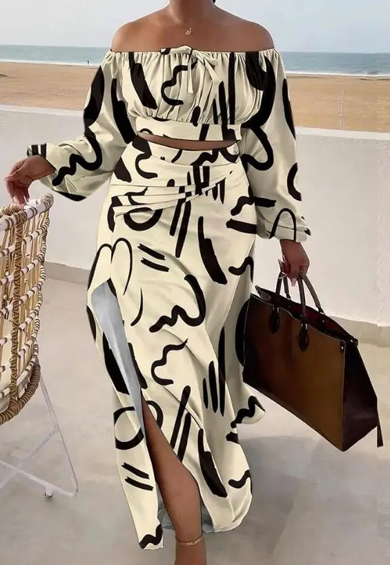 Women's Two Piece Elegant Casual Abstract Print Drawstring Off Shoulder Lantern Long Sleeve Top and Ruched Slit Maxi Skirt Set