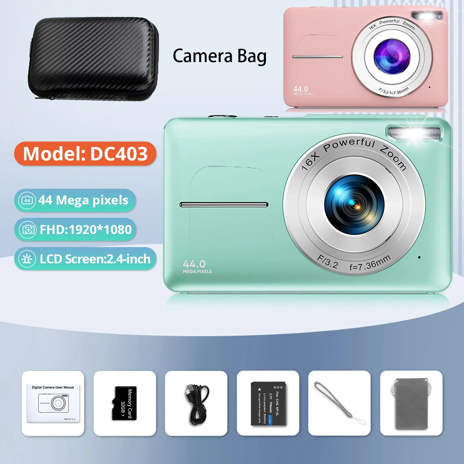 HD 2.4 inches 1080P digital Camera Rechargeable Cameras with 16x Zoom Compact Camera 44MP Cameras for kids Girls camera digit