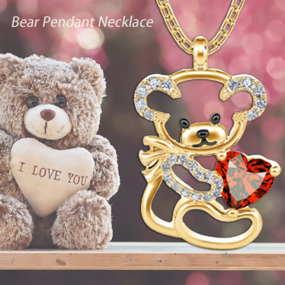 Hug Red Love Rhinestone Bear Pendant Necklace Hollow Creative Design Valentine's Day Gift 2023 New Necklace