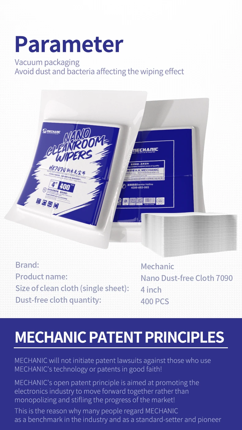 【MECHANIC】HK7090 400PCS Nano Cleanroom Ruitenwisser Super Absorberend voor Telefoon Camera chipless stofvrij Reinigingsdoekje Reparatie gereedschap