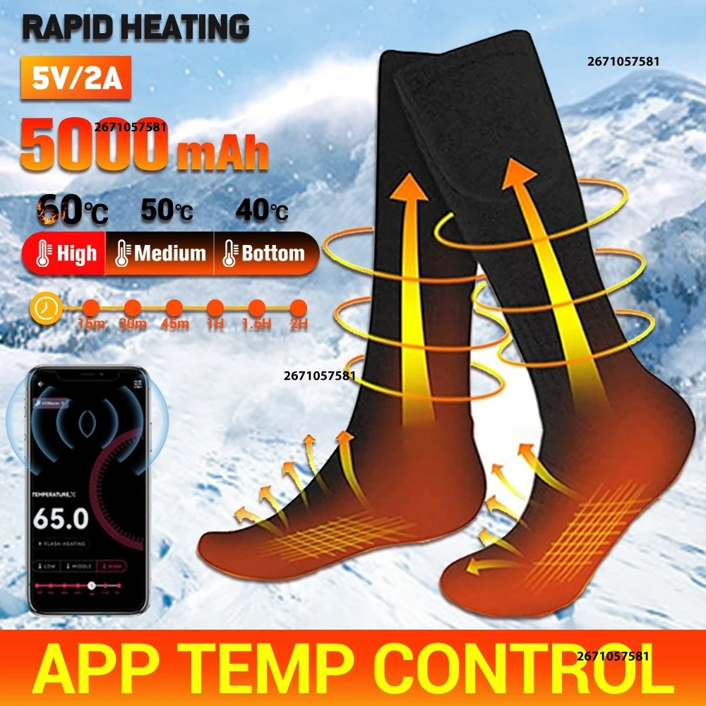 Calcetines térmicos de invierno de 5000mAh para hombre y mujer, calentadores de pies con Control por aplicación, calcetines eléctricos, calcetines cálidos para ciclismo, senderismo y esquí