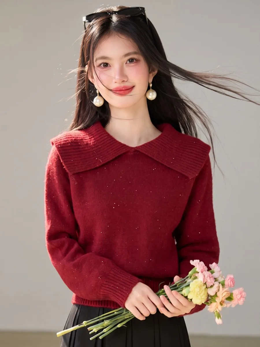 Elegant Short Knitted Sweater with Stand Collar Shiny Thread Waist-Cinching Women's Fashion Autumn 2026 Gentle Style Knitwear